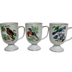 🐦 Bird Pedestal Mugs ☕ Vintage Robin Sparrow Blue Jay Set of 3